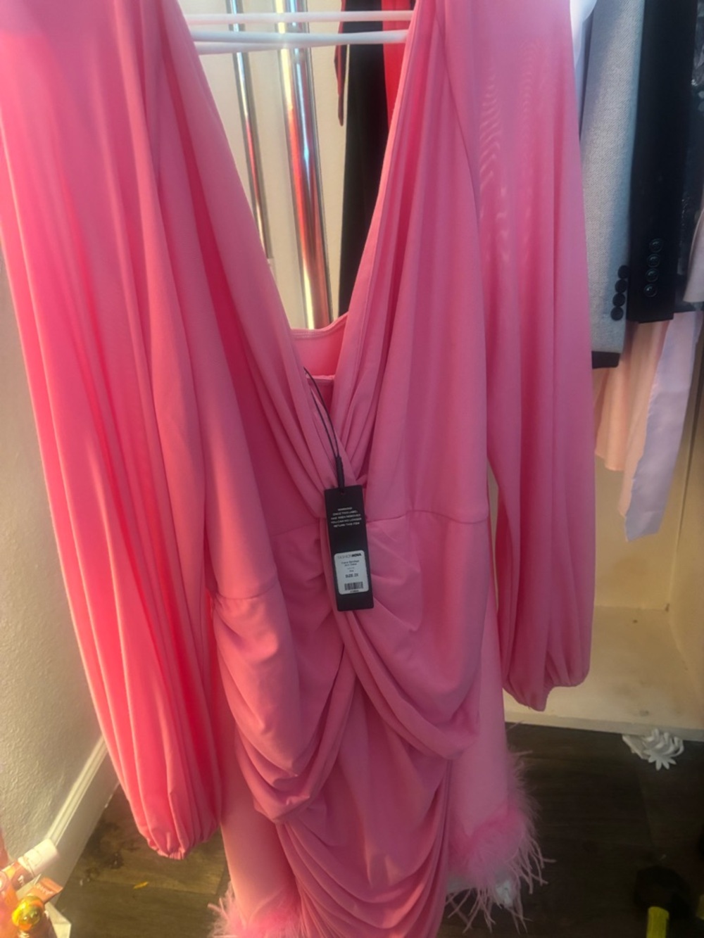 Fashion Nova Pink Draped Long Sleeve Mini Dress with Feather Trim